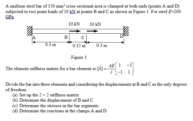 SOLVED: A uniform steel bar of 150 mm^2 cross-sectional area is clamped ...