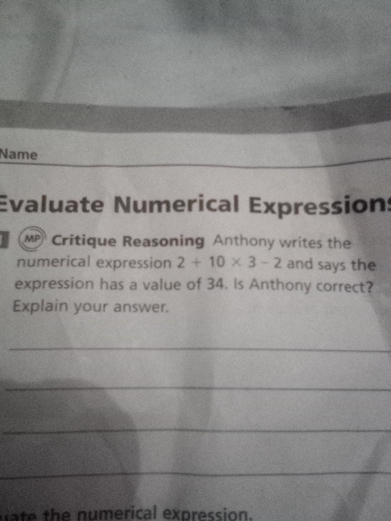 SOLVED Evaluate Numerical Expression MP Critique Reasoning Anthony