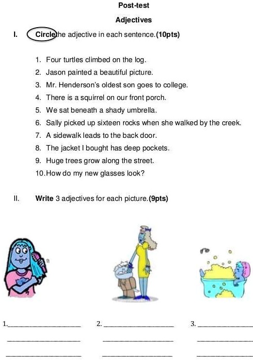 SOLVED Write 3 adjectives for each picture. Posttest Adjectives Circle the adjective in each