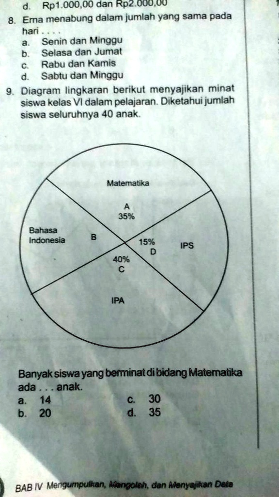 banyak siswa yang berminat di bidang matematika ada anaka14b20c30d35tlg pake caranya ya rp1o0000 dan rpz ouuuu ema menabung dalam jumlah yang sama pada har senin dan minggu selasa dan jumat  06586