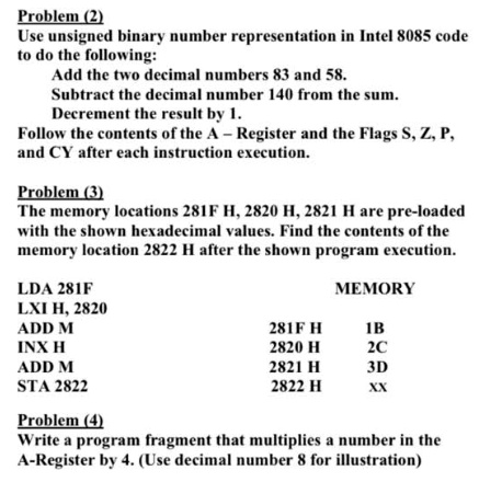 SOLVED: Problem (2) Use unsigned binary number representation in Intel ...