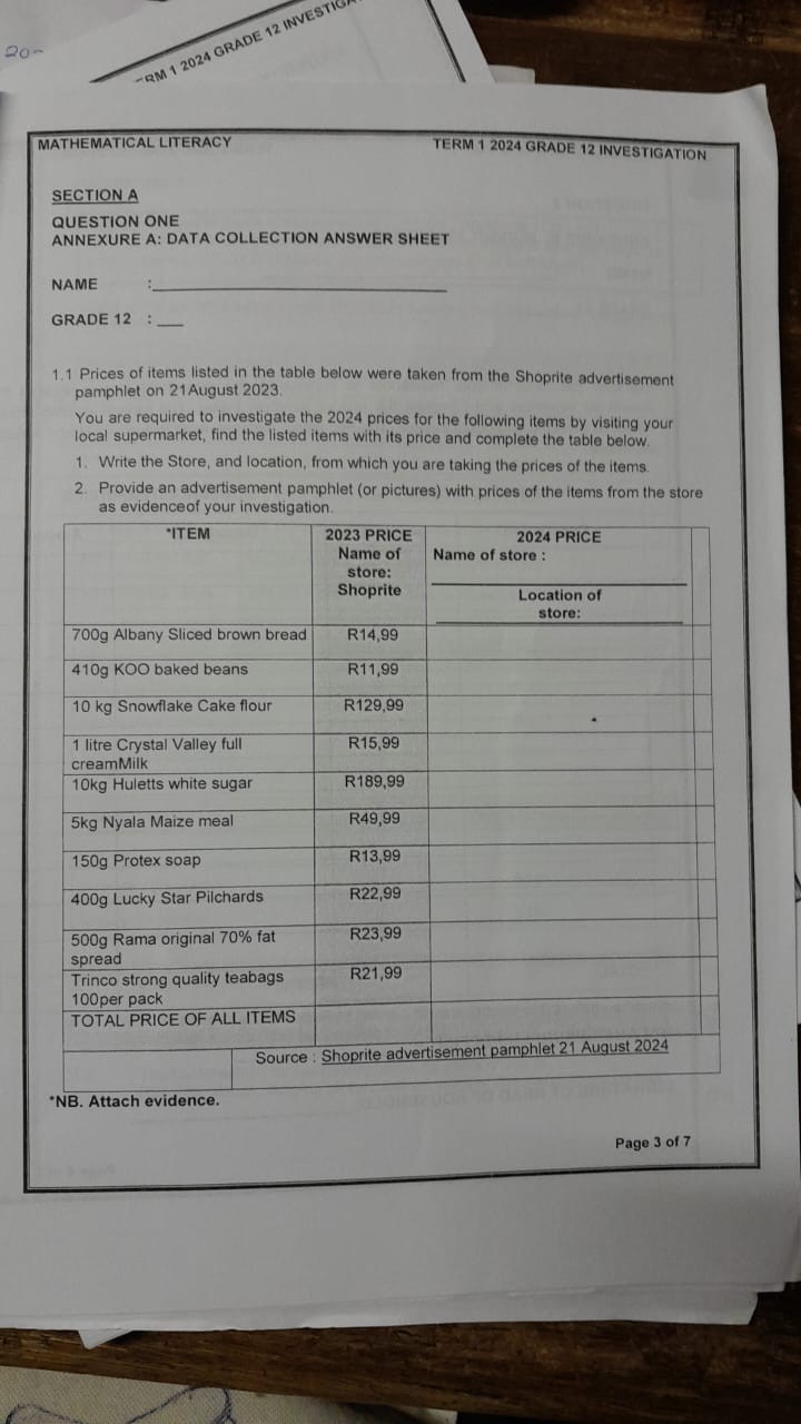 SOLVED: MATHEMATICAL LITERACY TERM 12024 GRADE 12 INVESTIGATION SECTION ...