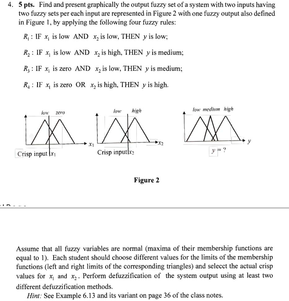 4. 5 pts. Find and present graphically the output fuzzy set of a system with two inputs having
two fuzzy sets per each input are represented in Figure 2 with one fuzzy output also defined
in Figure 1, by applying the following four fuzzy rules:
R?: IF x1 is low AND x2 is low, THEN y is low;
R?: IF x1 is low AND x2 is high, THEN y is medium;
R?: IF x1 is zero AND x2 is low, THEN y is medium;
R?: IF x1 is zero OR x2 is high, THEN y is high.
Assume that all fuzzy variables are normal (maxima of their membership functions are
equal to 1). Each student should choose different values for the limits of the membership
functions (left and right limits of the corresponding triangles) and selecct the actual crisp
values for x1 and x2. Perform defuzzification of the system output using at least two
different defuzzification methods.
Hint: See Example 6.13 and its variant on page 36 of the class notes.