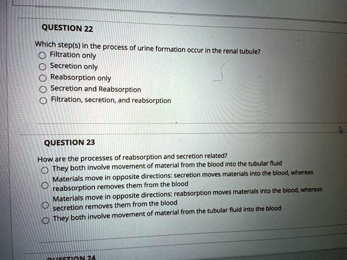 QUESTION 22
Which step(s) in the process of urine formation occur in the renal tubule?
Filtration only
Secretion only
Reabsorption only
Secretion and Reabsorption
Filtration, secretion, and reabsorption
QUESTION 23
How are the processes of reabsorption and secretion related?
They both involve movement of material from the blood into the tubular fluid
Materials move in opposite directions: secretion moves materials into the blood, whereas
reabsorption removes them from the blood
Materials move in opposite directions: reabsorption moves materials into the blood, whereas
secretion removes them from the blood
They both involve movement of material from the tubular fluid into the blood