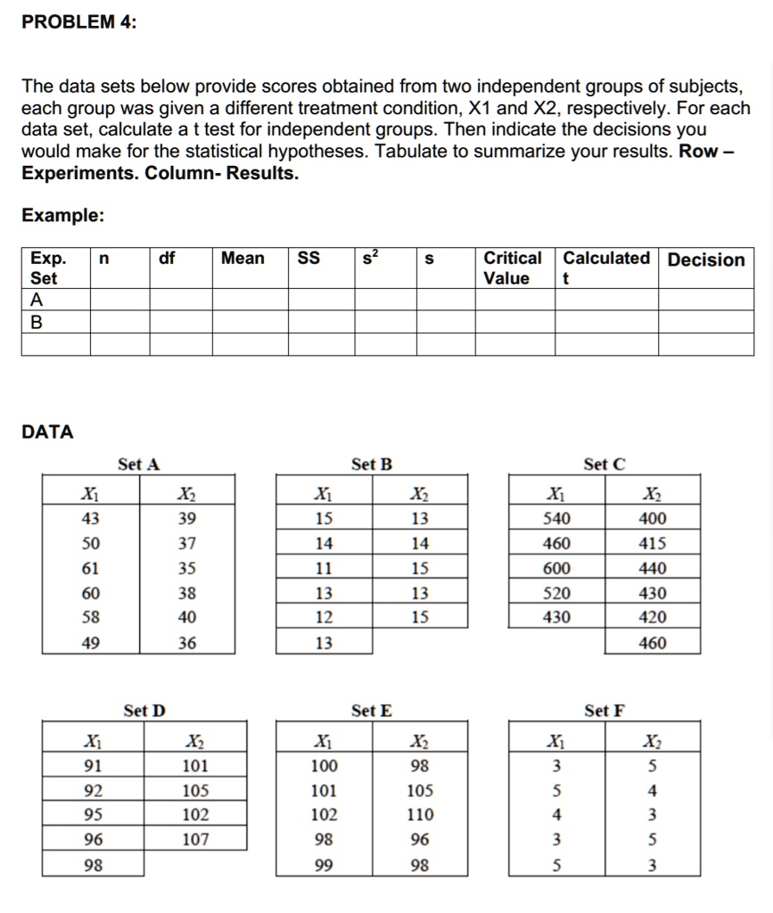 PROBLEM 4: The data sets below provide scores obtained from two ...