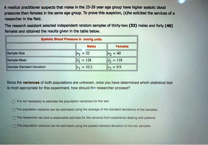 A medical practitioner suspects that males in the 25-29 year age group have higher systolic blood pressures than females in the same age group. To prove this suspicion, (s)he solicited the services of a researcher in the field.
The research assistant selected independent random samples of thirty-two (32) males and forty (40) females and obtained the results given in the table below.

Systolic Blood Pressure in mmHg units
Males
Females
Sample Size
n1 = 32
n2 = 40
Sample Mean
x1 = 128
x2 = 118
Sample Standard Deviation
s1 = 10.2
s2 = 9.9

Since the variances of both populations are unknown, once you have determined which statistical test is most appropriate for this experiment, how should the researcher proceed?

It is not necessary to estimate the population variances for this test.
The population variance can be estimated using the average of the standard deviations of the samples.
The researcher can pick a reasonable estimate for the variance from experience dealing with patients.
The population variance can be estimated using the pooled standard deviation of the two samples.