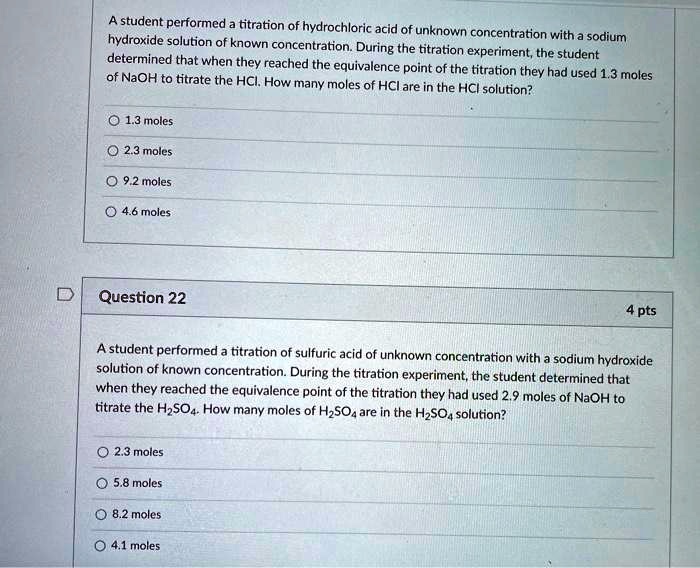 SOLVED A student performed titration of hydrochloric acid of unknown concentration with a