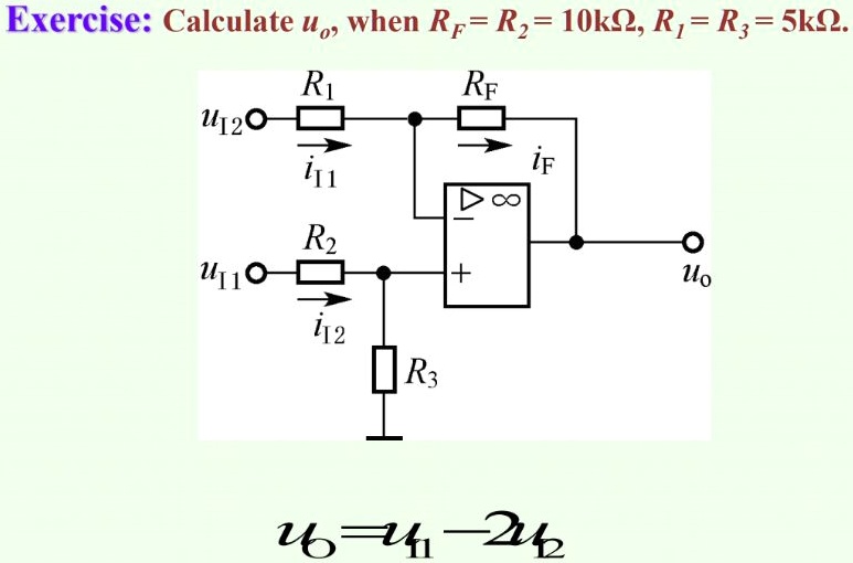 Socket R1 R2 Calculation Exercise: Calculate uo, when RF = R2 = 10kΩ, R1 = R3