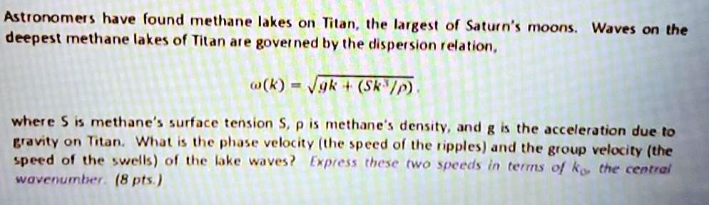 astronomers have found methane lakes on titan the largest of saturns moons waves on the deepest methane lakes of titan are governed by the dispersion relation kvgkskp where s is methanes sur 63542