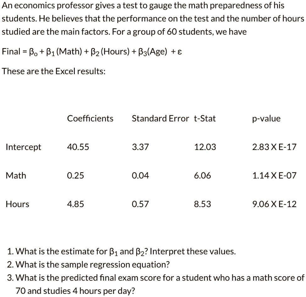 An economics professor gives a test to gauge the math preparedness of his students. He believes that the performance on the test and the number of hours studied are the main factors. For a group of 60 students, we have:
Final = ?0 + ?1(Math) + ?2(Hours) + ?3(Age) + ?

These are the Excel results:
Coefficients	Standard Error	t-Stat	p-value
Intercept	40.55	3.37	12.03	2.83E-17
Math	0.25	0.04	6.06	1.14E-07
Hours	4.85	0.57	8.53	9.06E-12

1. What is the estimate for ?1 and ?2? Interpret these values.
2. What is the sample regression equation?
3. What is the predicted final exam score for a student who has a math score of 70 and studies 4 hours per day?