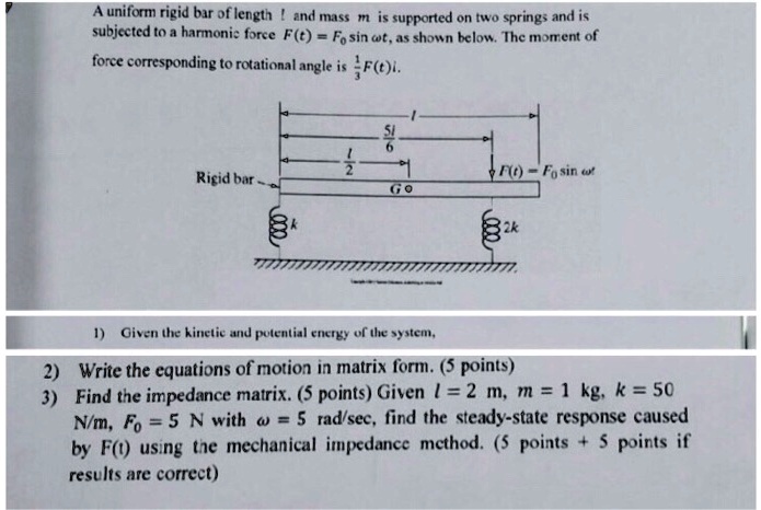 A uniform rigid bar of length l and mass m is supported on two springs ...