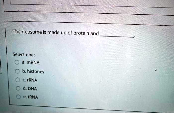 The ribosome is made up of protein and .

Select one:
a. mRNA
b. histones
c. rRNA
d. DNA
e. tRNA