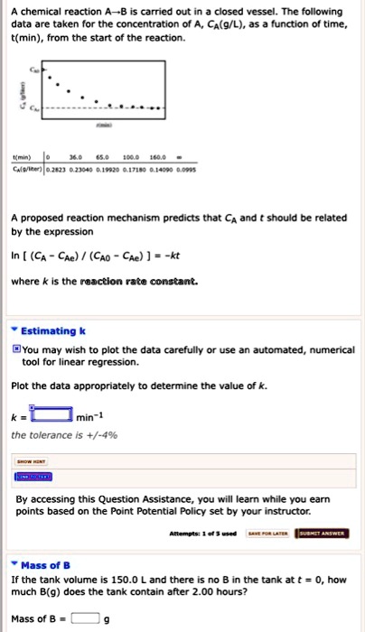 A chemical reaction A-B is carried out in a closed vessel. The ...