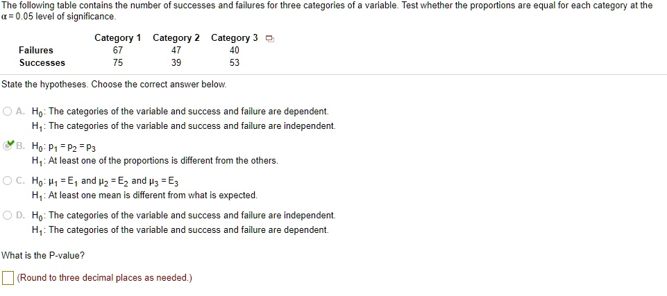 the following table contains the number of successes and failures for three categories of variable test whether the proportions are equal for each category at the 05 level significance categ 03082