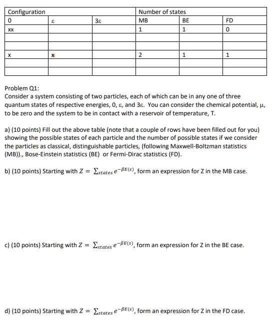 Configuration
0
XX
Number of states
?
3?
MB
BE
1
1
FD
0
X
X
2
1
1
Problem Q1:
Consider a system consisting of two particles, each of which can be in any one of three
quantum states of respective energies, 0, ?, and 3?. You can consider the chemical potential, ?,
to be zero and the system to be in contact with a reservoir of temperature, T.
a) (10 points) Fill out the above table (note that a couple of rows have been filled out for you)
showing the possible states of each particle and the number of possible states if we consider
the particles as classical, distinguishable particles, (following Maxwell-Boltzman statistics
(MB))., Bose-Einstein statistics (BE) or Fermi-Dirac statistics (FD).
b) (10 points) Starting with Z = ∑states e^-β E(s), form an expression for Z in the MB case.
c) (10 points) Starting with Z = ∑states e^-β E(s), form an expression for Z in the BE case.
d) (10 points) Starting with Z = ∑states e^-β E(s), form an expression for Z in the FD case.
