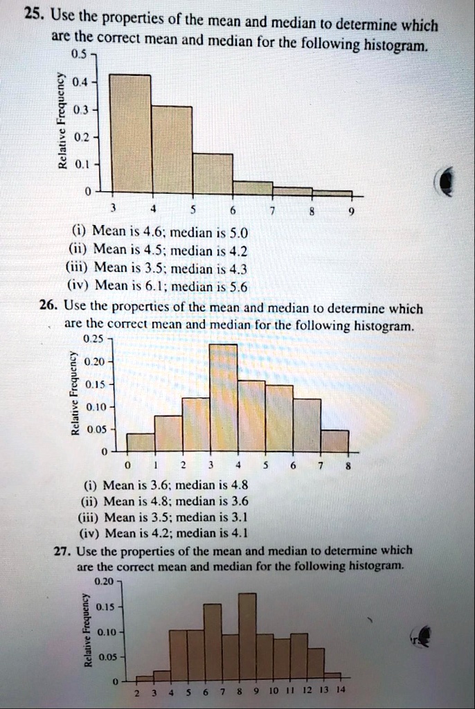 25. Use the properties of the mean and median to determine which are the correct mean and median for the following histogram.
Relative Frequency
0.5
0.4
0.3
0.2
0.1
0
3 4 5 6 7 8 9
(i) Mean is 4.6; median is 5.0
(ii) Mean is 4.5; median is 4.2
(iii) Mean is 3.5; median is 4.3
(iv) Mean is 6.1; median is 5.6
26. Use the properties of the mean and median to determine which are the correct mean and median for the following histogram.
Relative Frequency
0.25
0.20
0.15
0.10
0.05
0
0 1 2 3 4 5 6 7 8
(i) Mean is 3.6; median is 4.8
(ii) Mean is 4.8; median is 3.6
(iii) Mean is 3.5; median is 3.1
(iv) Mean is 4.2; median is 4.1
27. Use the properties of the mean and median to determine which are the correct mean and median for the following histogram.
Relative Frequency
0.20
0.15
0.10
0.05
0
2 3 4 5 6 7 8 9 10 11 12 13 14