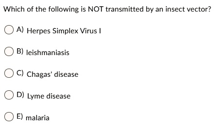Which of the following is NOT transmitted by an insect vector?
A) Herpes Simplex Virus I
B) leishmaniasis
C) Chagas' disease
D) Lyme disease
E) malaria