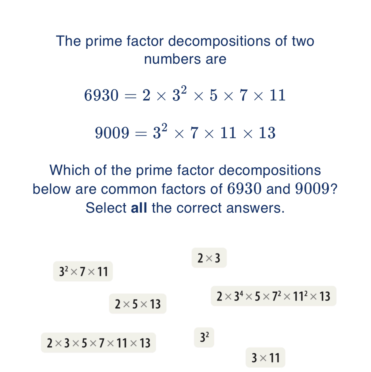 The prime factor decompositions of two numbers are 6930=2 × 3^2× 5 × 7 ...