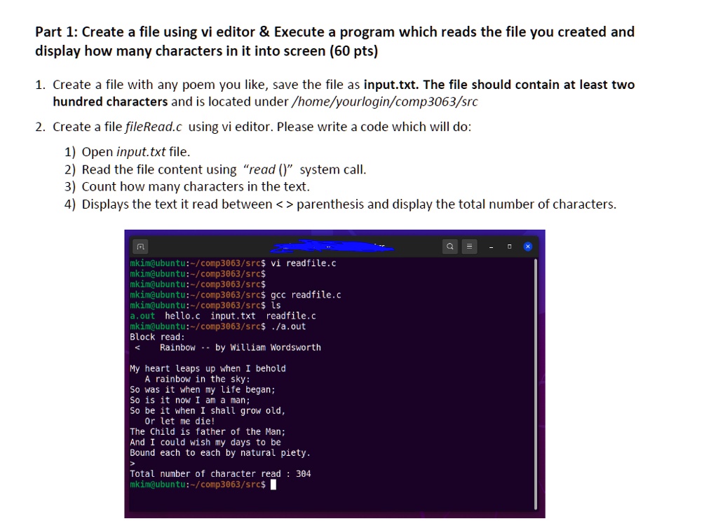 SOLVED: Part 1: Create a file using vi editor Execute a program which ...