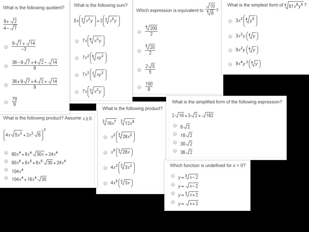 SOLVED: 'radical functions. please help me! What is the following quotient?  What is the following sum? What is the simplest form of 481x8y5 Which  expression is equivalent to 7/8 5x( y)-y 7x(