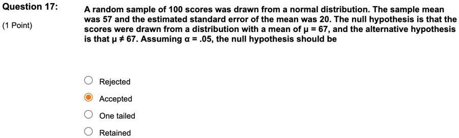 Question 17:
A random sample of 100 scores was drawn from a normal distribution. The sample mean was 57 and the estimated standard error of the mean was 20. The null hypothesis is that the scores were drawn from a distribution with a mean of ? = 67, and the alternative hypothesis is that ? ? 67. Assuming ? = .05, the null hypothesis should be

Rejected
Accepted
One tailed
Retained