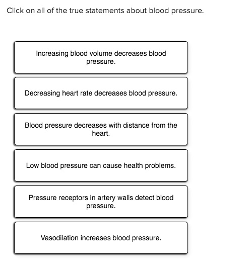 Click on all of the true statements about blood pressure.
Increasing blood volume decreases blood pressure.
Decreasing heart rate decreases blood pressure.
Blood pressure decreases with distance from the heart.
Low blood pressure can cause health problems.
Pressure receptors in artery walls detect blood pressure.
Vasodilation increases blood pressure.
