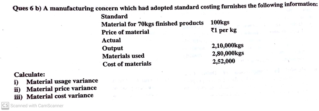 A manufacturing concern which had adopted standard costing furnishes the following information:
Standard
Material for 70kgs finished products 100kgs
Price of material ‡1 per kg
Actual
Output 2,10,000kgs
Materials used 2,80,000kgs
Cost of materials 2,52,000

Calculate:
i) Material usage variance
ii) Material price variance
iii) Material cost variance