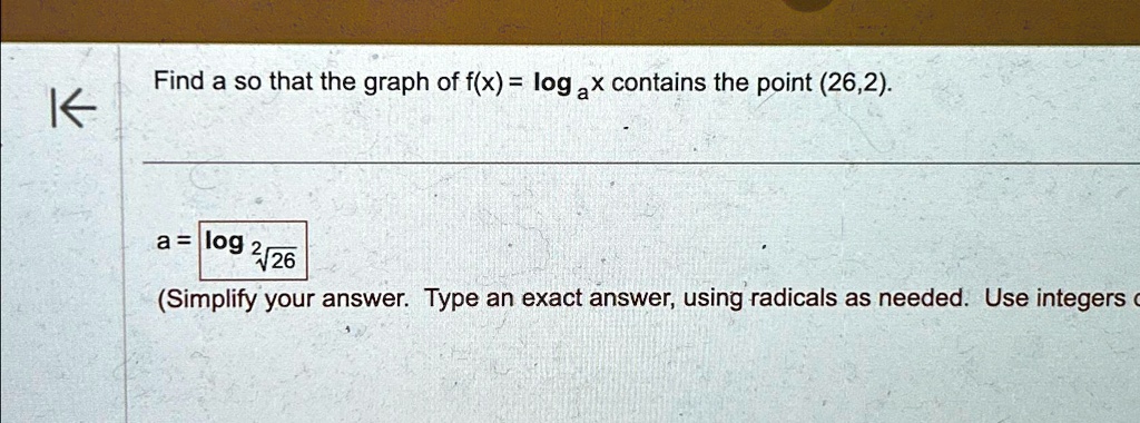 Find a so that the graph of f(x) =  x contains the point (26, 2). 
a = log√(26) 2
(Simplify your answer. Type an exact answer, using radicals as needed. Use integers c