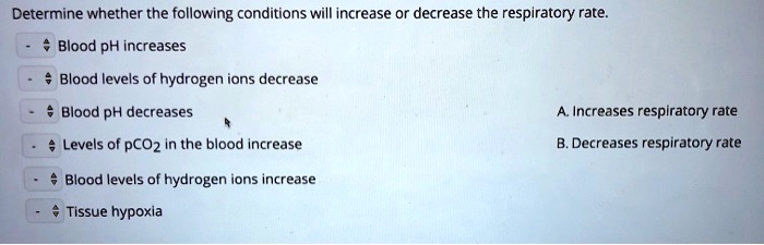 Determine whether the following conditions will increase or decrease the respiratory rate.
Blood pH increases
Blood levels of hydrogen ions decrease
Blood pH decreases
Levels of pCO2 in the blood increase
Blood levels of hydrogen ions increase
Tissue hypoxia
A. Increases respiratory rate
B. Decreases respiratory rate