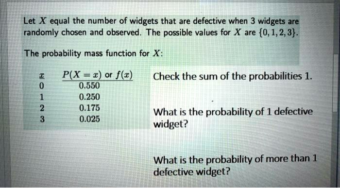Let X equal the number of widgets that are defective when 3 widgets are randomly chosen and observed. The possible values for X are 0, 1, 2, 3.

The probability mass function for X:

x P(X = x) or f(x)
0 0.550
1 0.250
2 0.175
3 0.025

Check the sum of the probabilities 1.

What is the probability of 1 defective widget?

What is the probability of more than 1 defective widget?