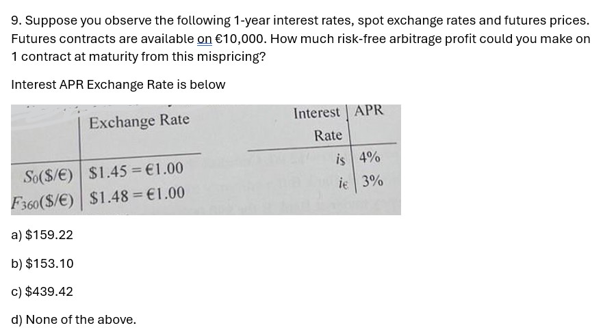 9. Suppose you observe the following 1-year interest rates, spot exchange rates and futures prices. Futures contracts are available on €10,000. How much risk-free arbitrage profit could you make on 1 contract at maturity from this mispricing?

Interest APR Exchange Rate is below

Exchange Rate | Interest Rate | APR
— | — | —
S0(/€) |1.45 = €1.00 | i| 4%
F360(/€) | 1.48 = €1.00 | i€ | 3%

a)159.22
b) 153.10
c)439.42
d) None of the above.