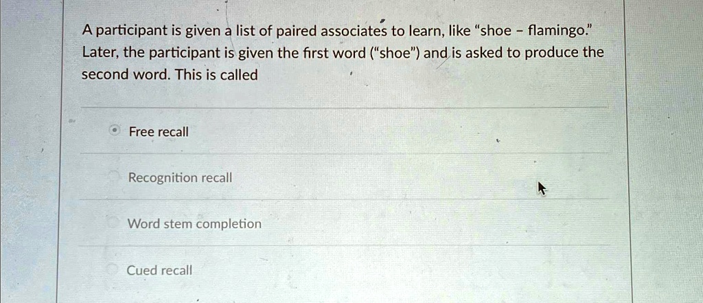 A participant is given a list of paired associates to learn, like "shoe ...