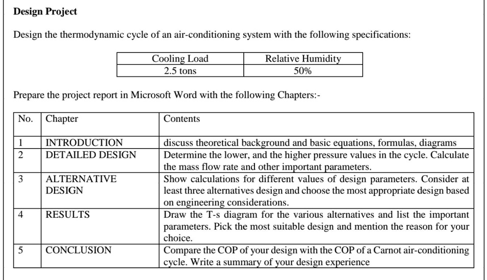 Design Project Design the thermodynamic cycle of an air-conditioning ...