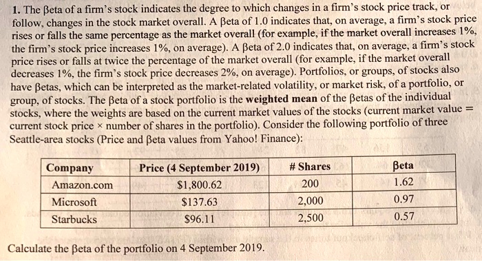 1. The ?beta of a firm’s stock indicates the degree to which changes in a firm’s stock price track, or follow, changes in the stock market overall. A ?beta of 1.0 indicates that, on average, a firm’s stock price rises or falls the same percentage as the market overall (for example, if the market overall increases 1%, the firm’s stock price increases 1%, on average). A ?beta of 2.0 indicates that, on average, a firm’s stock price rises or falls at twice the percentage of the market overall (for example, if the market overall decreases 1%, the firm’s stock price decreases 2%, on average). Portfolios, or groups, of stocks also have ?betas, which can be interpreted as the market-related volatility, or market risk, of a portfolio, or group, of stocks. The ?beta of a stock portfolio is the weighted mean of the ?betas of the individual stocks, where the weights are based on the current market values of the stocks (current market value = current stock price % number of shares in the portfolio). Consider the following portfolio of three Seattle-area stocks (Price and ?beta values from Yahoo! Finance):

Company | Price (4 September 2019) | # Shares | ?beta
Amazon.com | 1,800.62 | 200 | 1.62
Microsoft |137.63 | 2,000 | 0.97
Starbucks | 96.11 | 2,500 | 0.57

Calculate the ?beta of the portfolio on 4 September 2019.