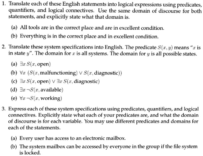 SOLVED: 1. Translate each of these English statements into logical ...