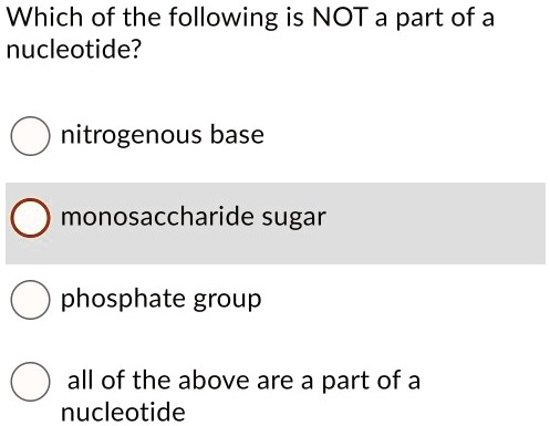 Solved:which Of The Following Is Not Part Of A Nucleotide? Nitrogenous Base  Monosaccharide Sugar Phosphate Group All Of The Above Are A Part Of A  Nucleotide Solved:which Of The Following Is Not Part Of A Nucleotide? Nitrogenous Base  Monosaccharide Sugar Phosphate Group All Of The Above Are A Part Of A  Nucleotide