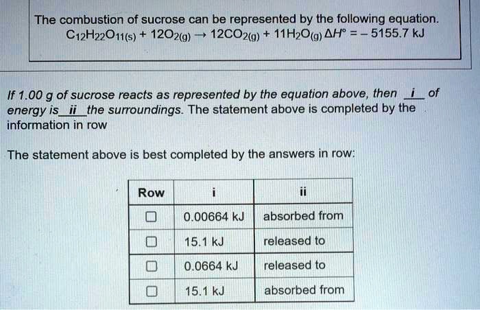 SOLVED The combustion of sucrose can be represented by the