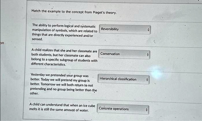 SOLVED on Match the example to the concept from Piaget s theory