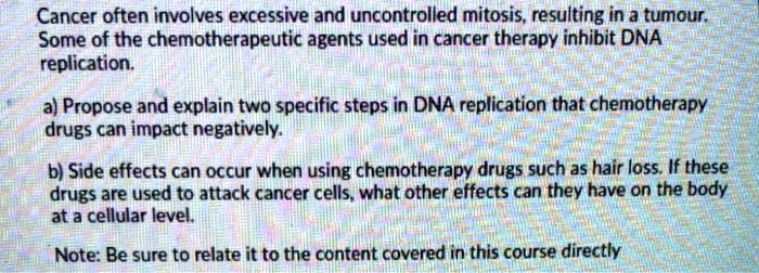 Cancer often involves excessive and uncontrolled mitosis, resulting in a tumour. Some of the chemotherapeutic agents used in cancer therapy inhibit DNA replication.

a) Propose and explain two specific steps in DNA replication that chemotherapy drugs can impact negatively.

b) Side effects can occur when using chemotherapy drugs such as hair loss. If these drugs are used to attack cancer cells, what other effects can they have on the body at a cellular level.

Note: Be sure to relate it to the content covered in this course directly