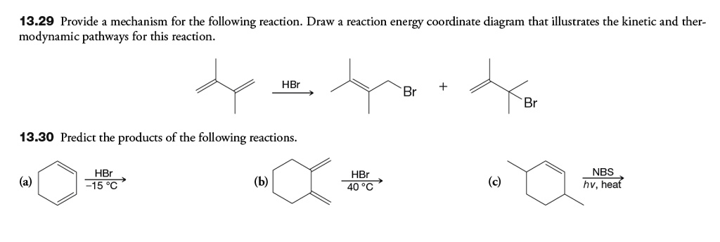 13.29 Provide a mechanism for the following reaction. Draw a reaction energy coordinate diagram that illustrates the kinetic and thermodynamic pathways for this reaction.
13.30 Predict the products of the following reactions.