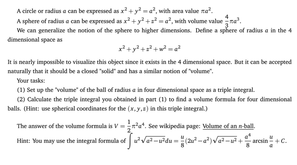 Solved A Circle Or Radius A Can Be Expressed As X2 Y2 With Area Value Ta Sphere Of Radius A Can Be Expressed As X2 Y2 22 With Volume