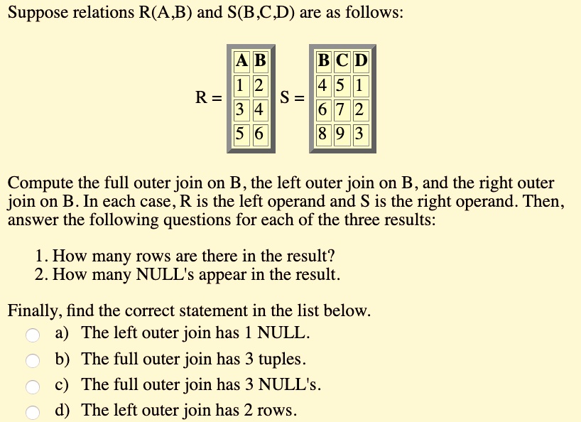 SOLVED: Suppose Relations R(A,B) And S(B,C,D) Are As Follows: R ...