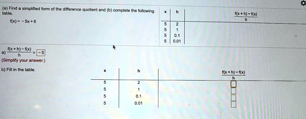 (a) Find a simplified form of the difference quotient and (b) complete the following table.
f(x) = -5x + 6
x | h | (f(x+h) - f(x)) / h
5 | 2 |
5 | 1 |
5 | 0.1 |
5 | 0.01 |
a) (f(x+h) - f(x)) / h = -5
(Simplify your answer.)
b) Fill in the table.
x | h | (f(x+h) - f(x)) / h
5 | 2 |
5 | 1 |
5 | 0.1 |
5 | 0.01 |
