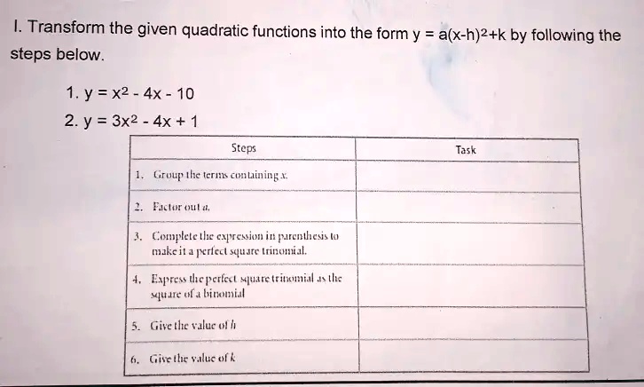 Solved 1 Transform The Given Quadratic Functions Into The Form Y A X H K By Following The Steps Below 1 Y X2 4x 10 2 Y 3x2 4x 1 Stcps Task Gruup