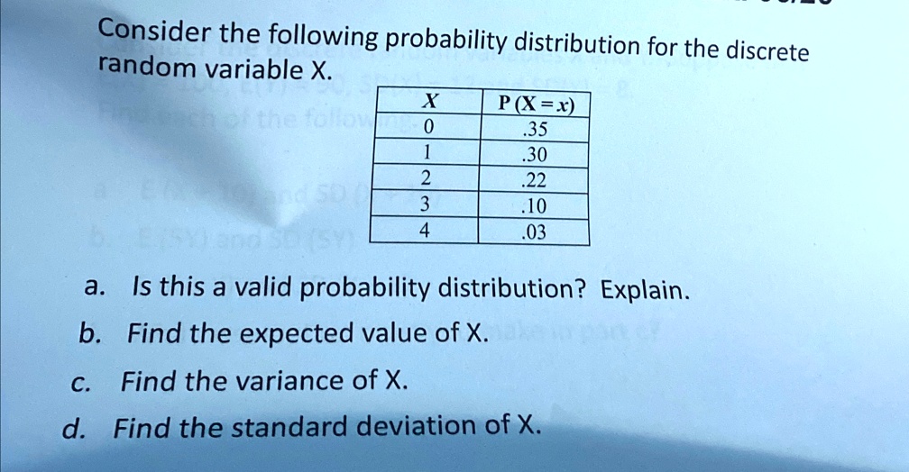 consider the following probability distribution for the discrete random variable x x p x x 0 35 1 30 2 22 3 10 4 03 a is this a valid probability distribution explain b find the expected val 65713