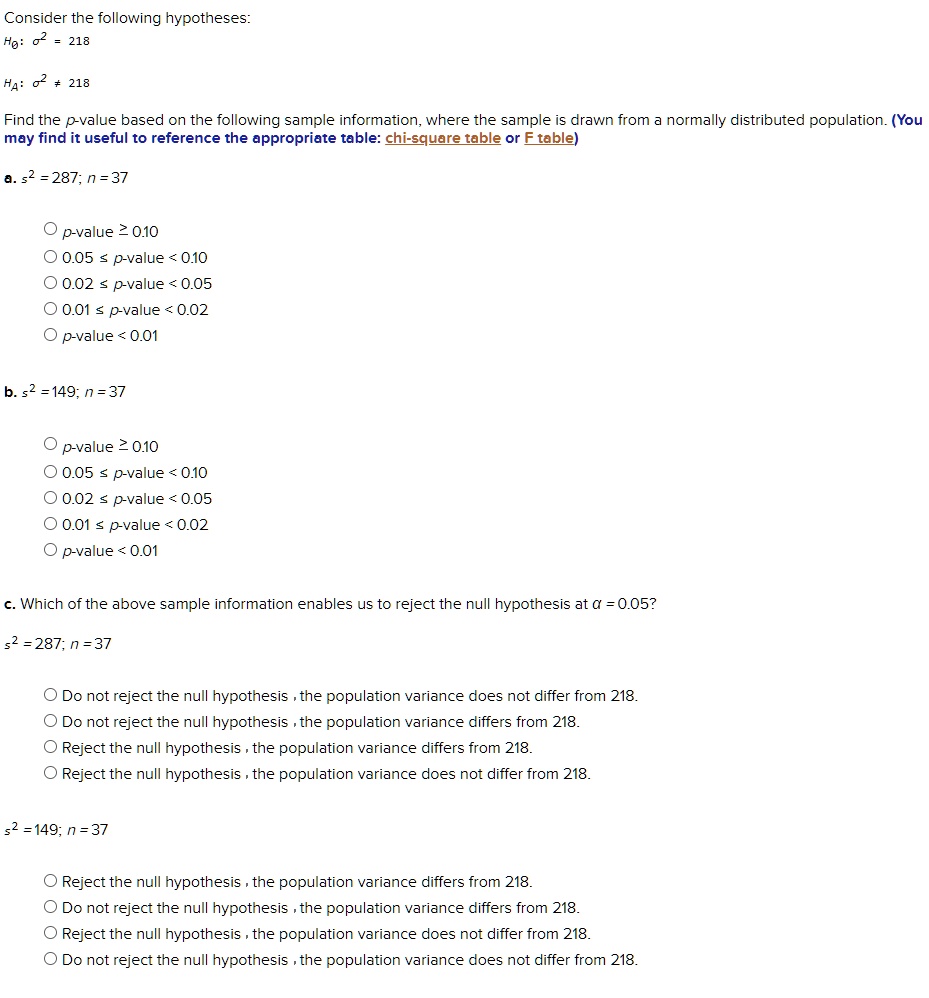 Consider the following hypotheses:
H?: ?² = 218
H?: ?² ? 218
Find the p-value based on the following sample information, where the sample is drawn from a normally distributed population. (You may find it useful to reference the appropriate table: chi-square table or F table)
a. s² = 287; n = 37
p-value ? 0.10
0.05 ? p-value < 0.10
0.02 ? p-value < 0.05
0.01 ? p-value < 0.02
p-value < 0.01
b. s² = 149; n = 37
p-value ? 0.10
0.05 ? p-value < 0.10
0.02 ? p-value < 0.05
0.01 ? p-value < 0.02
p-value < 0.01
c. Which of the above sample information enables us to reject the null hypothesis at ? = 0.05?
s² = 287; n = 37
Do not reject the null hypothesis, the population variance does not differ from 218.
Do not reject the null hypothesis, the population variance differs from 218.
Reject the null hypothesis, the population variance differs from 218.
Reject the null hypothesis, the population variance does not differ from 218.
s² = 149; n = 37
Reject the null hypothesis, the population variance differs from 218.
Do not reject the null hypothesis, the population variance differs from 218.
Reject the null hypothesis, the population variance does not differ from 218.
Do not reject the null hypothesis, the population variance does not differ from 218.