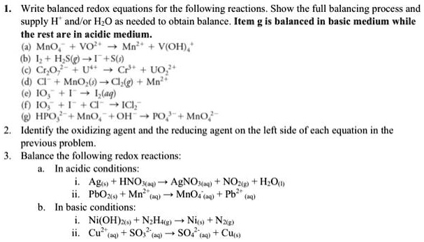 SOLVED: Write balanced redox equations for the following reactions ...