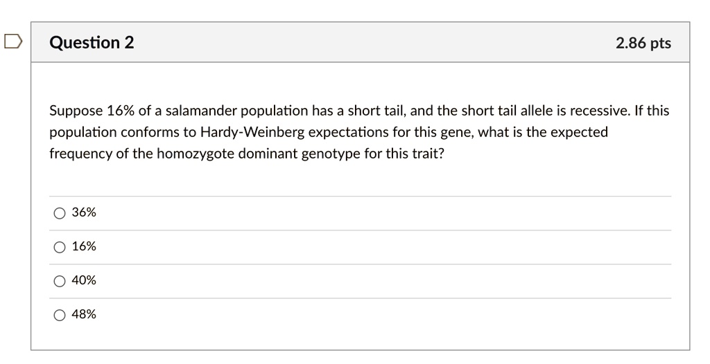 Suppose 16% of a salamander population has a short tail, and the short tail allele is recessive. If this population conforms to Hardy-Weinberg expectations for this gene, what is the expected frequency of the homozygote dominant genotype for this trait?
36%
16%
40%
48%