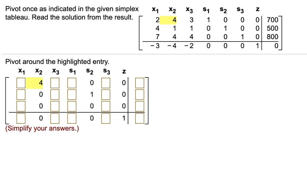 Pivot once as indicated in the given simplex tableau. Read the solution from the result.

x1 x2 x3 s1 s2 s3 z
[ 2 4 3 1 0 0 0 | 700 ]
[ 4 1 1 0 1 0 0 | 500 ]
[ 7 4 4 0 0 1 0 | 800 ]
———————–
[ -3 -4 -2 0 0 0 1 | 0 ]

Pivot around the highlighted entry.

x1 x2 x3 s1 s2 s3 z
[  4   0  0 |  ]
[  0   1  0 |  ]
[  0   0  0 |  ]
———————–
[  0   0  1 |  ]

(Simplify your answers.)