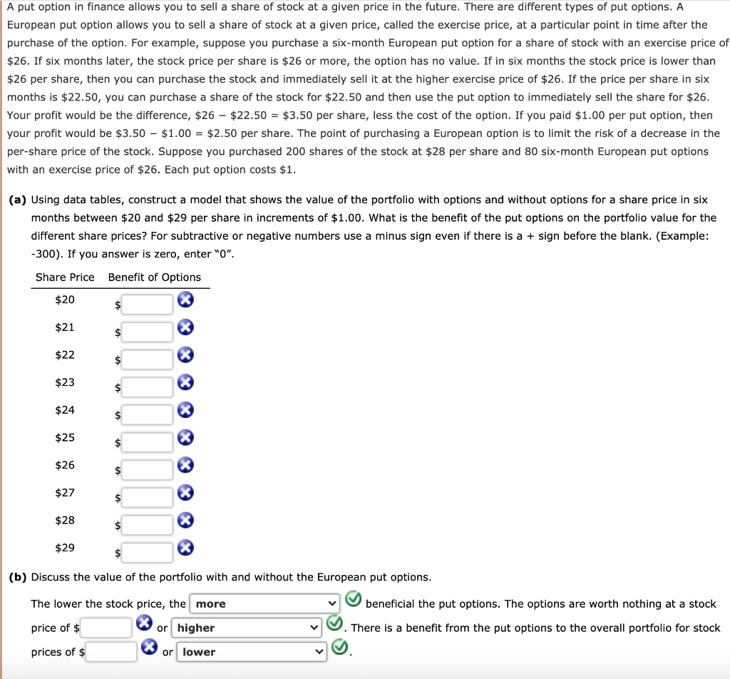 A put option in finance allows you to sell a share of stock at a given price in the future. There are different types of put options. A European put option allows you to sell a share of stock at a given price, called the exercise price, at a particular point in time after the purchase of the option. For example, suppose you purchase a six-month European put option for a share of stock with an exercise price of 26. If six months later, the stock price per share is26 or more, the option has no value. If in six months the stock price is lower than 26 per share, then you can purchase the stock and immediately sell it at the higher exercise price of26. If the price per share in six months is 22.50, you can purchase a share of the stock for22.50 and then use the put option to immediately sell the share for 26. Your profit would be the difference,26 – 22.50 =3.50 per share, less the cost of the option. If you paid 1.00 per put option, then your profit would be3.50 – 1.00 =2.50 per share. The point of purchasing a European option is to limit the risk of a decrease in the per-share price of the stock. Suppose you purchased 200 shares of the stock at 28 per share and 80 six-month European put options with an exercise price of26. Each put option costs 1.

(a) Using data tables, construct a model that shows the value of the portfolio with options and without options for a share price in six months between20 and 29 per share in increments of1.00. What is the benefit of the put options on the portfolio value for the different share prices? For subtractive or negative numbers use a minus sign even if there is a + sign before the blank. (Example: -300). If you answer is zero, enter ??0".

Share Price Benefit of Options
2021
2223
2425
2627
2829

(b) Discuss the value of the portfolio with and without the European put options.

The lower the stock price, the more beneficial the put options. The options are worth nothing at a stock price of or higher. There is a benefit from the put options to the overall portfolio for stock prices of or lower.